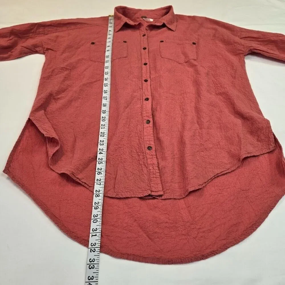 Free People Love Her Madly Long‎ XS Sleeve Button Up Tunic Shirt Coral Oversized